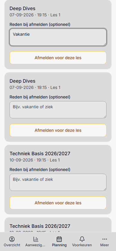 Cursistportaal: afmelden voor een les